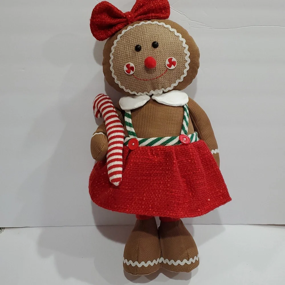 Gingerbread woman in red sequin boucle bow and‎ jumper Christmas holiday plushie